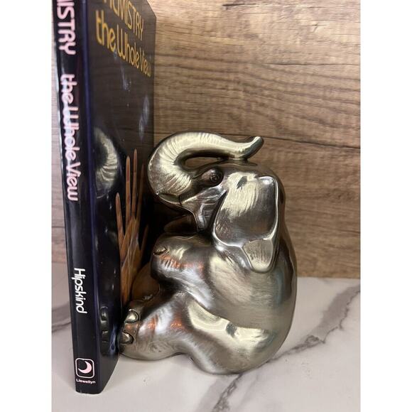 Vtg Elephant Bookend Doorstop Paperweight MCM Silver Gold Trunk Up Elephant - Picture 16 of 16